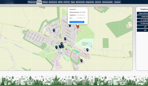 Térkép nézet az egységek helyének és adatainak megjelenítésével, megnyitási lehetőséggel